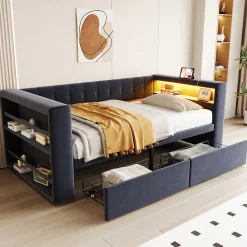 Canapé 3 places convertible 200x90x85 cm avec couchage 140x190 cm, coffre de rangement, tissu gris design><noscript><img width=