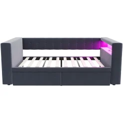 Canapé 3 places convertible 200x90x85 cm avec couchage 140x190 cm, coffre de rangement, tissu gris design><noscript><img width=