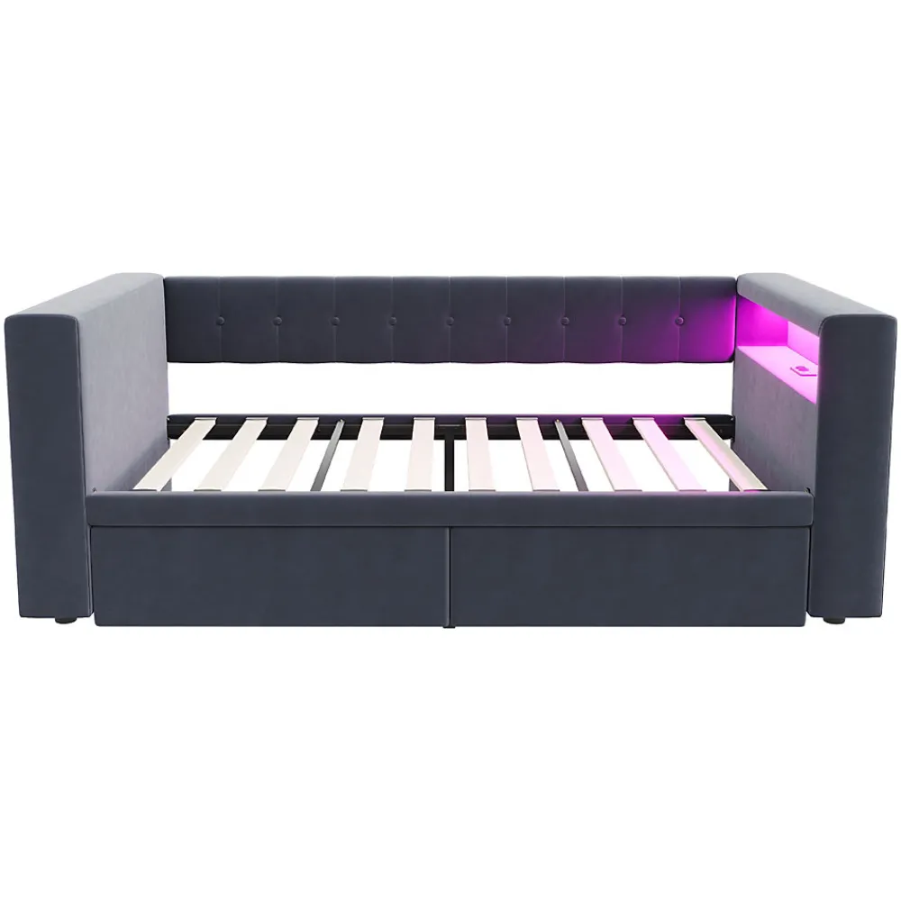 Canapé 3 places convertible 200x90x85 cm avec couchage 140x190 cm, coffre de rangement, tissu gris design>Redom Sale