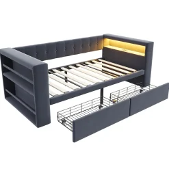 Canapé 3 places convertible 200x90x85 cm avec couchage 140x190 cm, coffre de rangement, tissu gris design><noscript><img width=