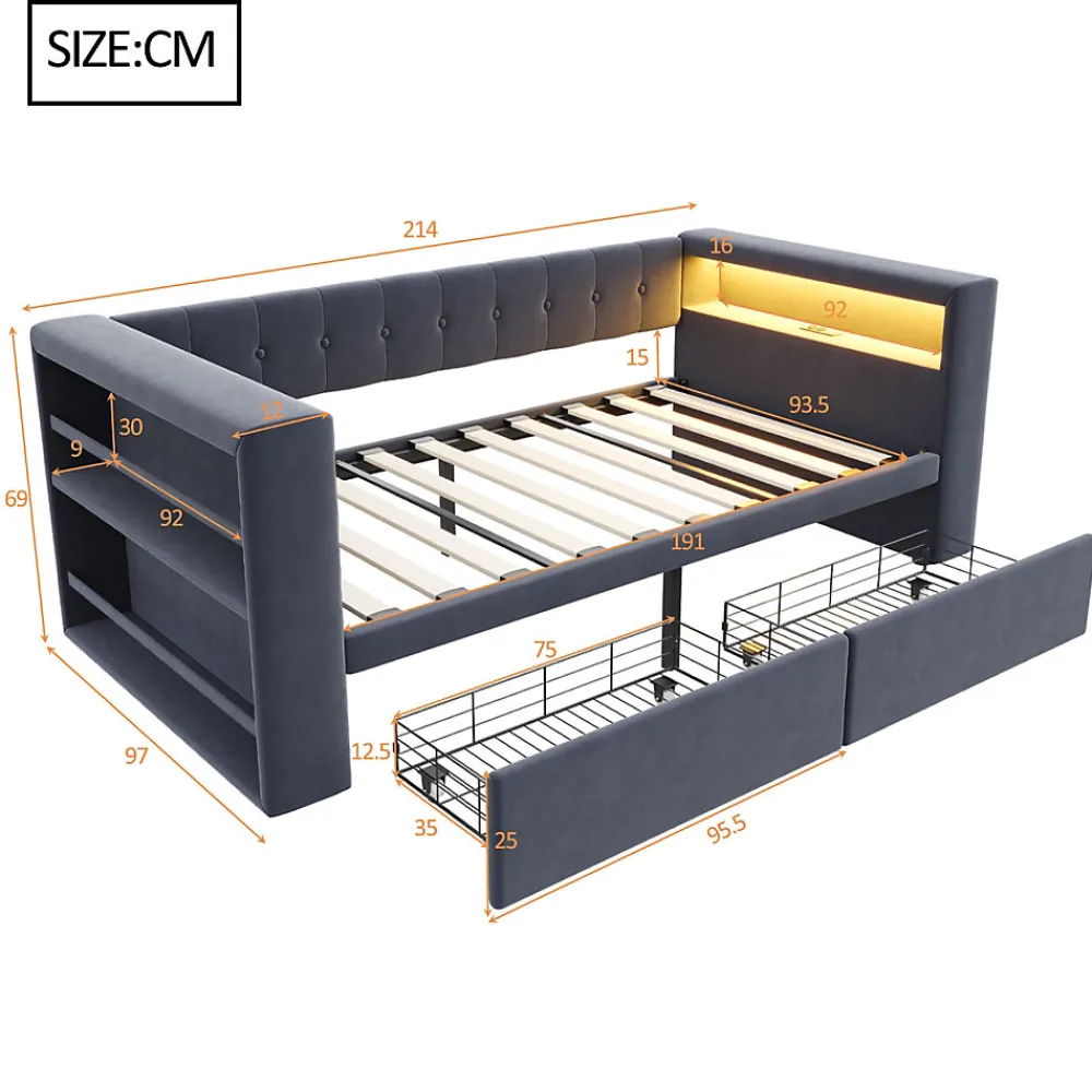 Canapé 3 places convertible 200x90x85 cm avec couchage 140x190 cm, coffre de rangement, tissu gris design>Redom Sale