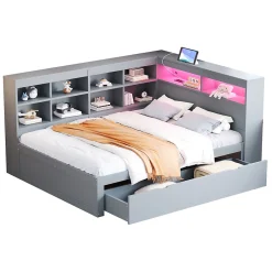 Canapé en bois massif 140x200 cm avec grands tiroirs port USB bande LED étagères rangement lit double multifonction gris>Redom Outlet