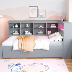 Canapé en bois massif 140x200 cm avec grands tiroirs port USB bande LED étagères rangement lit double multifonction gris>Redom Outlet