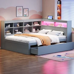 Canapé en bois massif 140x200 cm avec grands tiroirs port USB bande LED étagères rangement lit double multifonction gris><noscript><img width=