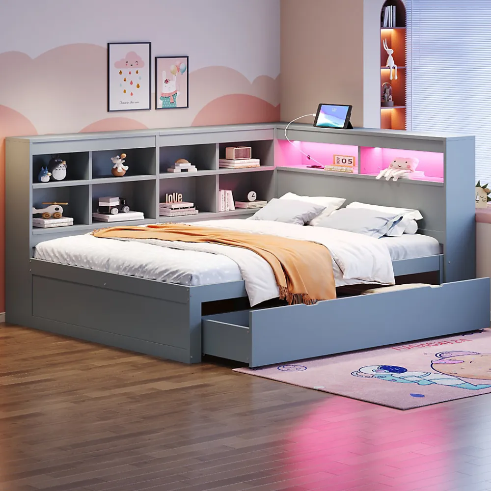 Canapé en bois massif 140x200 cm avec grands tiroirs port USB bande LED étagères rangement lit double multifonction gris>Redom Outlet