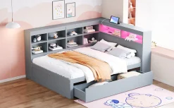 Canapé en bois massif 140x200 cm avec grands tiroirs port USB bande LED étagères rangement lit double multifonction gris><noscript><img width=