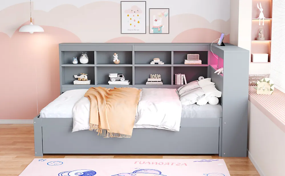 Canapé en bois massif 140x200 cm avec grands tiroirs port USB bande LED étagères rangement lit double multifonction gris>Redom Outlet