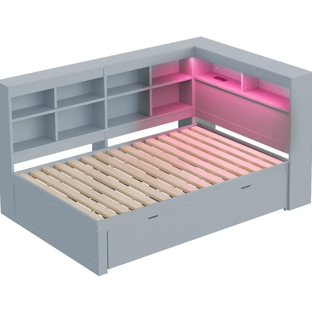 Canapé en bois massif 140x200 cm avec grands tiroirs port USB bande LED étagères rangement lit double multifonction gris>Redom Outlet