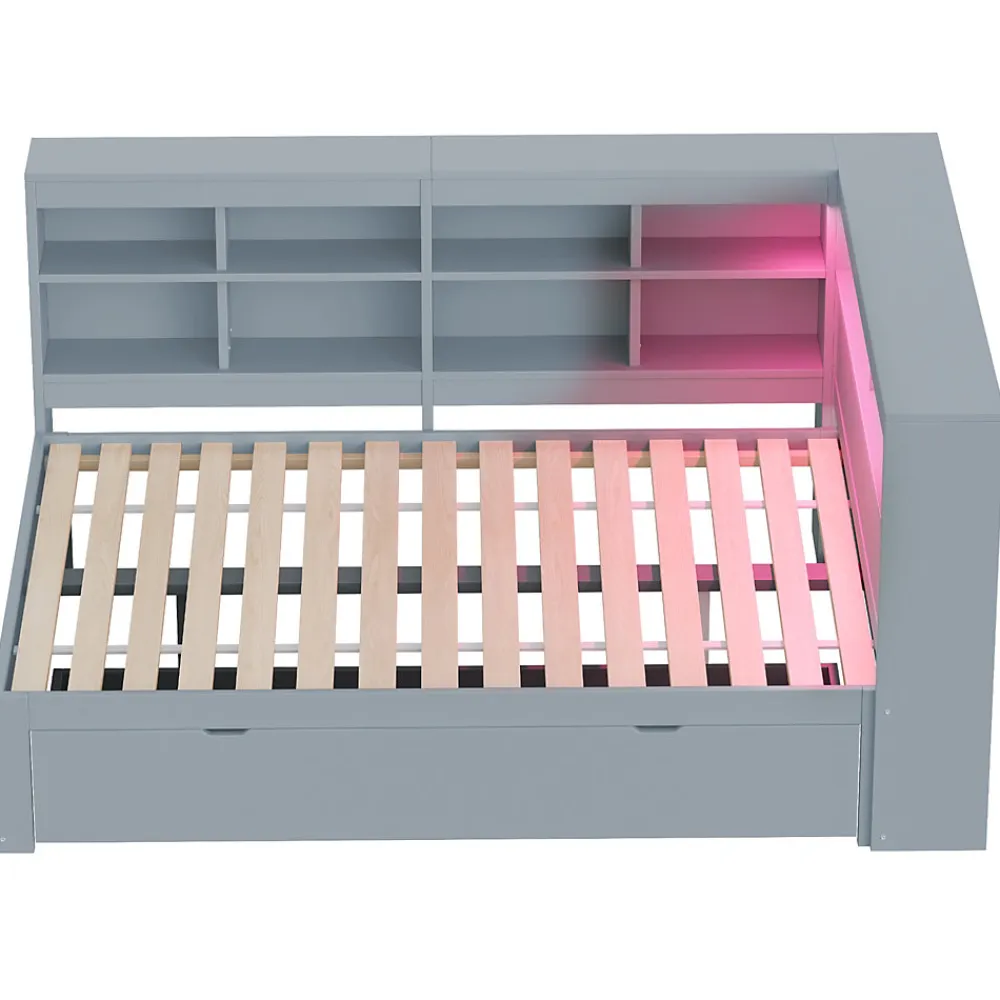 Canapé en bois massif 140x200 cm avec grands tiroirs port USB bande LED étagères rangement lit double multifonction gris>Redom Outlet