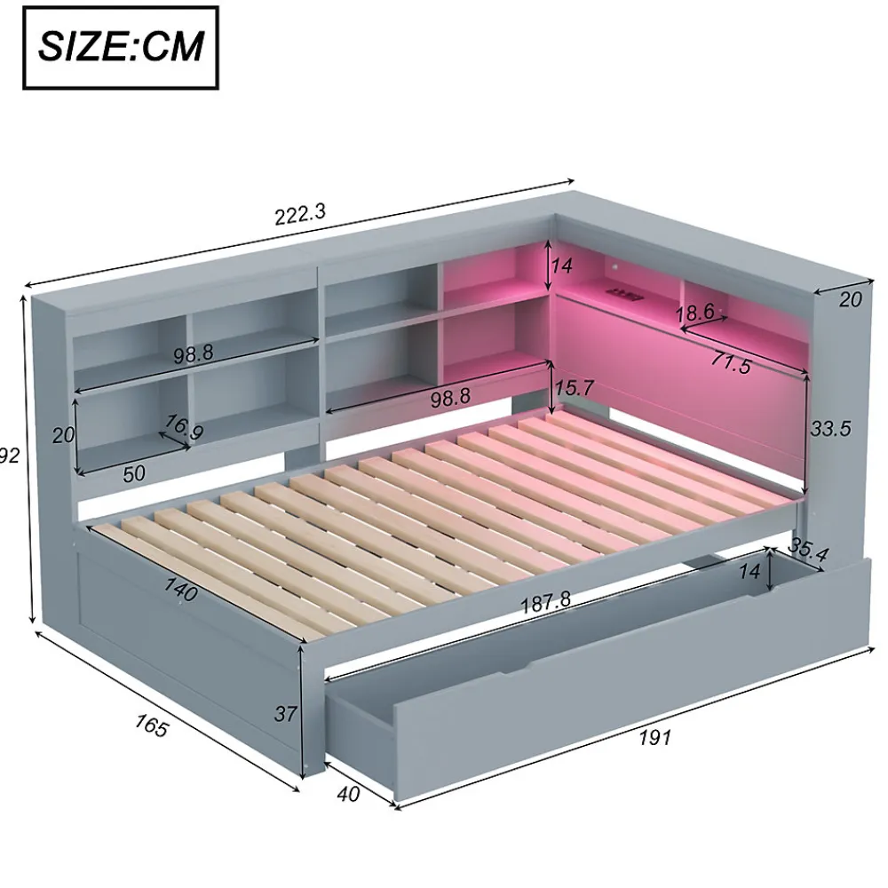 Canapé en bois massif 140x200 cm avec grands tiroirs port USB bande LED étagères rangement lit double multifonction gris>Redom Outlet