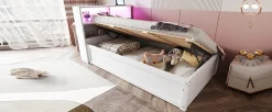 Canapé lit 90 par 200 cm avec prise multiple rangement lumineux lit hydraulique bois massif lit simple multifonction blanc><noscript><img width=