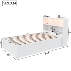 Canapé lit 90 par 200 cm avec prise multiple rangement lumineux lit hydraulique bois massif lit simple multifonction blanc><noscript><img width=