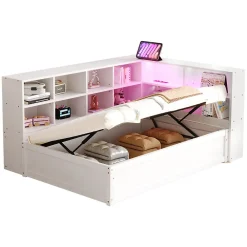 Canapé lit 90 par 200 cm avec prise multiple rangement lumineux lit hydraulique bois massif lit simple multifonction blanc>Redom Clearance