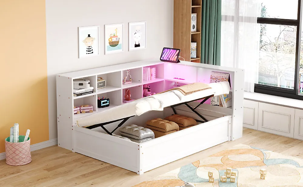 Canapé lit 90 par 200 cm avec prise multiple rangement lumineux lit hydraulique bois massif lit simple multifonction blanc>Redom Clearance