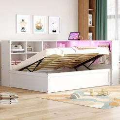 Canapé lit 90 par 200 cm avec prise multiple rangement lumineux lit hydraulique bois massif lit simple multifonction blanc><noscript><img width=