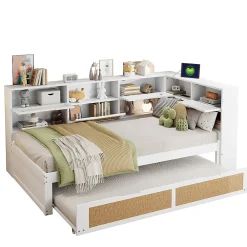 Canapé lit bois 90x200 avec lit gigogne lit simple multifonction avec rangements et prise de charge couleur blanche>Redom Hot