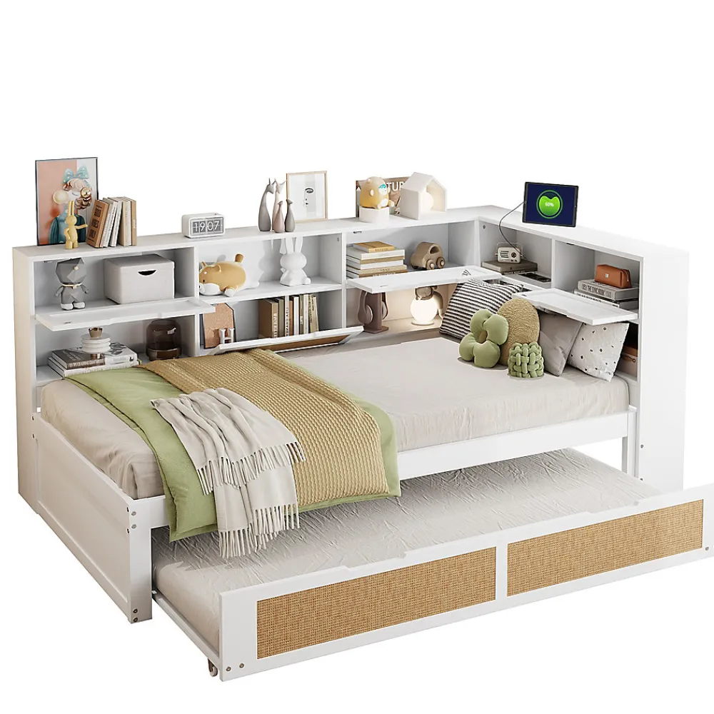 Canapé lit bois 90x200 avec lit gigogne lit simple multifonction avec rangements et prise de charge couleur blanche>Redom Hot