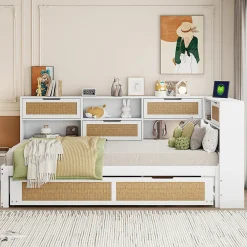 Canapé lit bois 90x200 avec lit gigogne lit simple multifonction avec rangements et prise de charge couleur blanche>Redom Hot