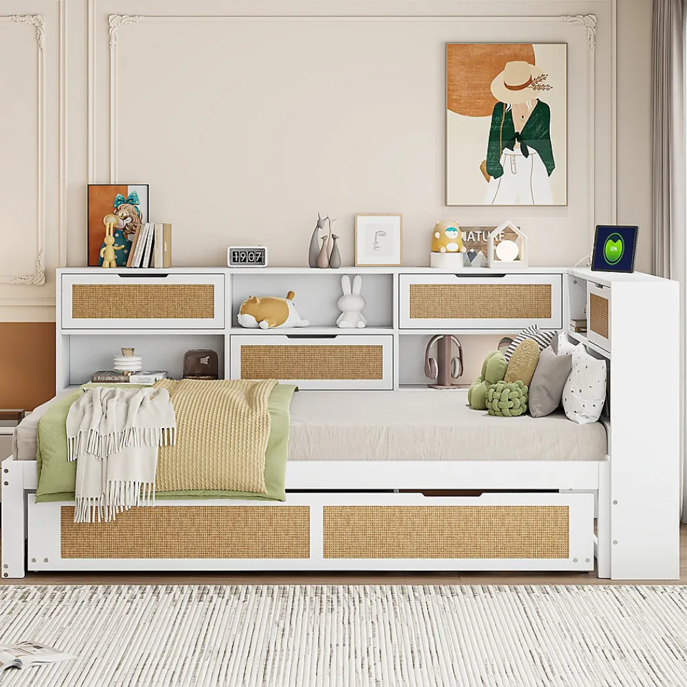 Canapé lit bois 90x200 avec lit gigogne lit simple multifonction avec rangements et prise de charge couleur blanche>Redom Hot