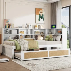 Canapé lit bois 90x200 avec lit gigogne lit simple multifonction avec rangements et prise de charge couleur blanche><noscript><img width=