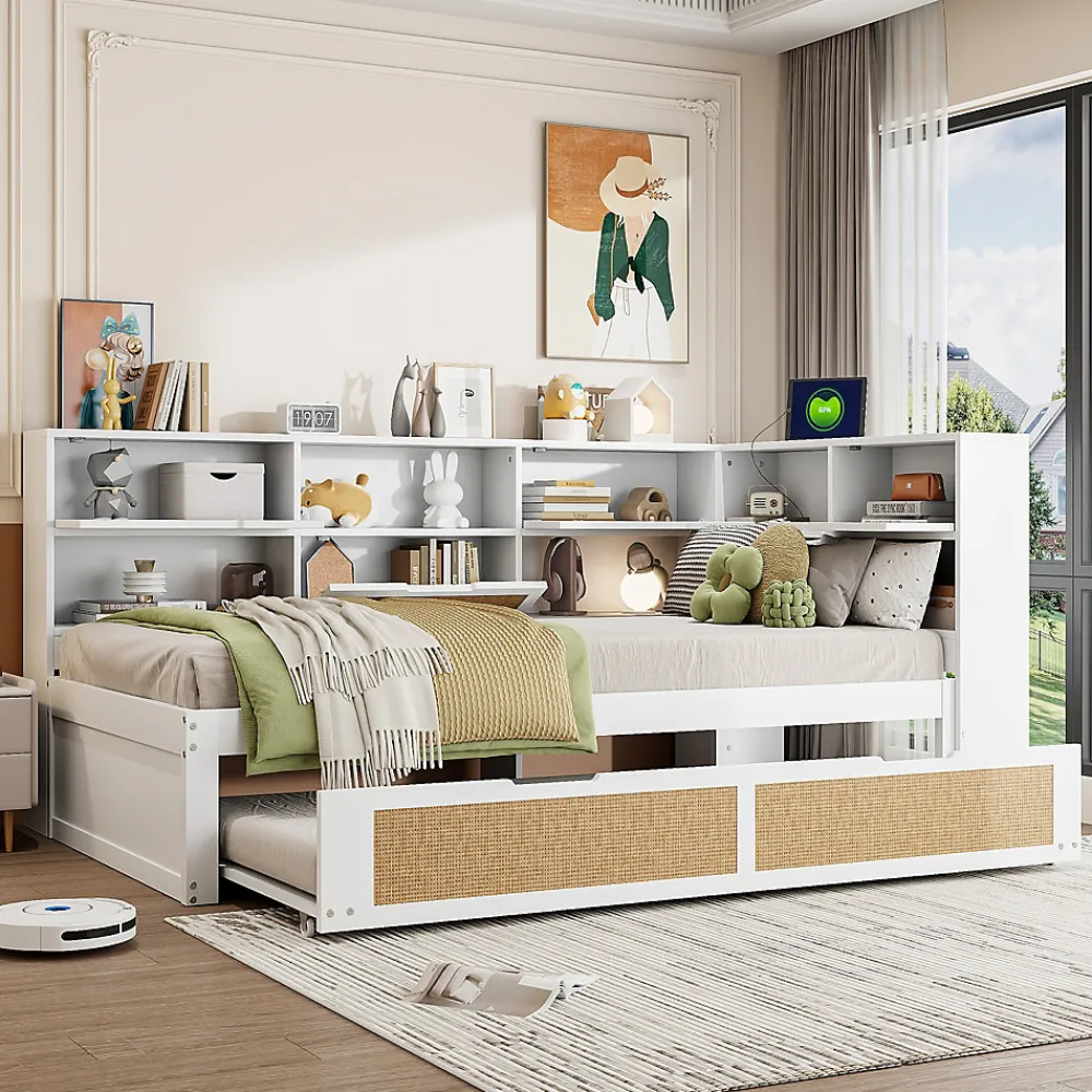 Canapé lit bois 90x200 avec lit gigogne lit simple multifonction avec rangements et prise de charge couleur blanche>Redom Hot