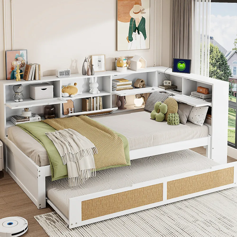 Canapé lit bois 90x200 avec lit gigogne lit simple multifonction avec rangements et prise de charge couleur blanche>Redom Hot