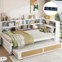 Canapé lit bois 90x200 avec lit gigogne lit simple multifonction avec rangements et prise de charge couleur blanche><noscript><img width=