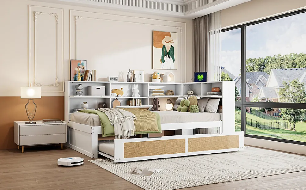 Canapé lit bois 90x200 avec lit gigogne lit simple multifonction avec rangements et prise de charge couleur blanche>Redom Hot
