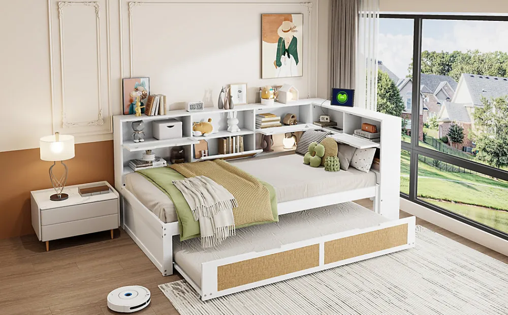 Canapé lit bois 90x200 avec lit gigogne lit simple multifonction avec rangements et prise de charge couleur blanche>Redom Hot