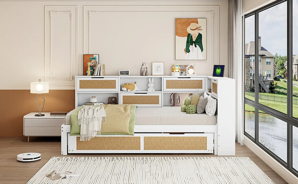 Canapé lit bois 90x200 avec lit gigogne lit simple multifonction avec rangements et prise de charge couleur blanche>Redom Hot