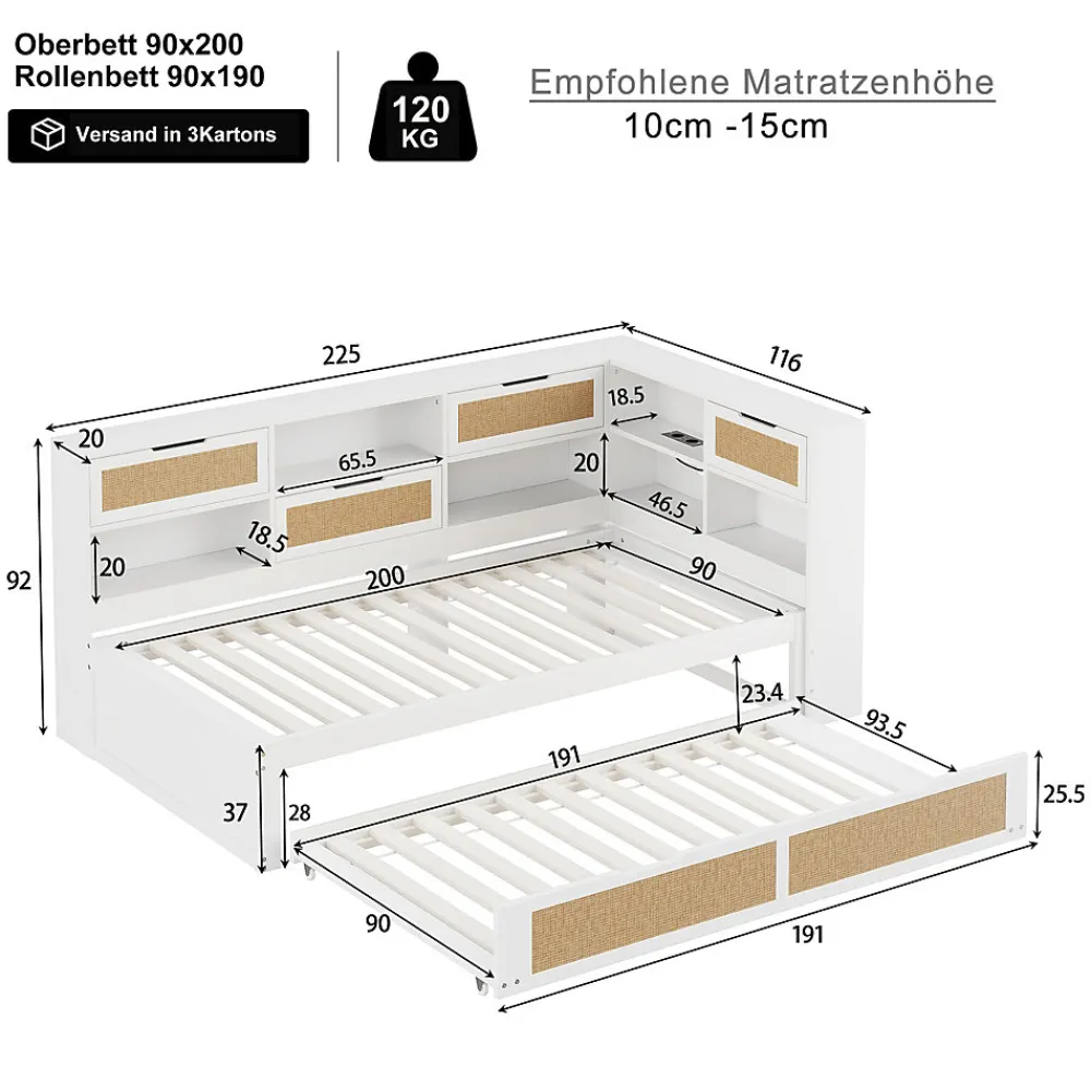 Canapé lit bois 90x200 avec lit gigogne lit simple multifonction avec rangements et prise de charge couleur blanche>Redom Hot