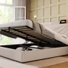 Redom Canapé lit 180x200 cm tête de lit avec ports USB et Type C et coffre de rangement en tissu lin coton beige, structure métal* Lit Coffre