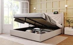 Redom Canapé lit 180x200 cm tête de lit avec ports USB et Type C et coffre de rangement en tissu lin coton beige, structure métal* Lit Coffre
