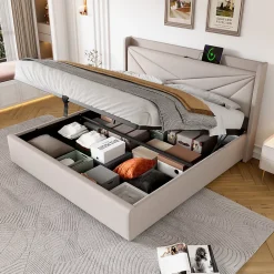 Redom Canapé lit 180x200 cm tête de lit avec ports USB et Type C et coffre de rangement en tissu lin coton beige, structure métal* Lit Coffre