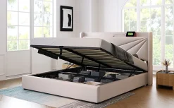 Redom Canapé lit 180x200 cm tête de lit avec ports USB et Type C et coffre de rangement en tissu lin coton beige, structure métal* Lit Coffre