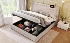 Redom Canapé lit 180x200 cm tête de lit avec ports USB et Type C et coffre de rangement en tissu lin coton beige, structure métal* Lit Coffre