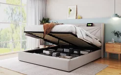 Redom Canapé lit 180x200 cm tête de lit avec ports USB et Type C et coffre de rangement en tissu lin coton beige, structure métal* Lit Coffre