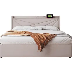 Redom Canapé lit 180x200 cm tête de lit avec ports USB et Type C et coffre de rangement en tissu lin coton beige, structure métal* Lit Coffre