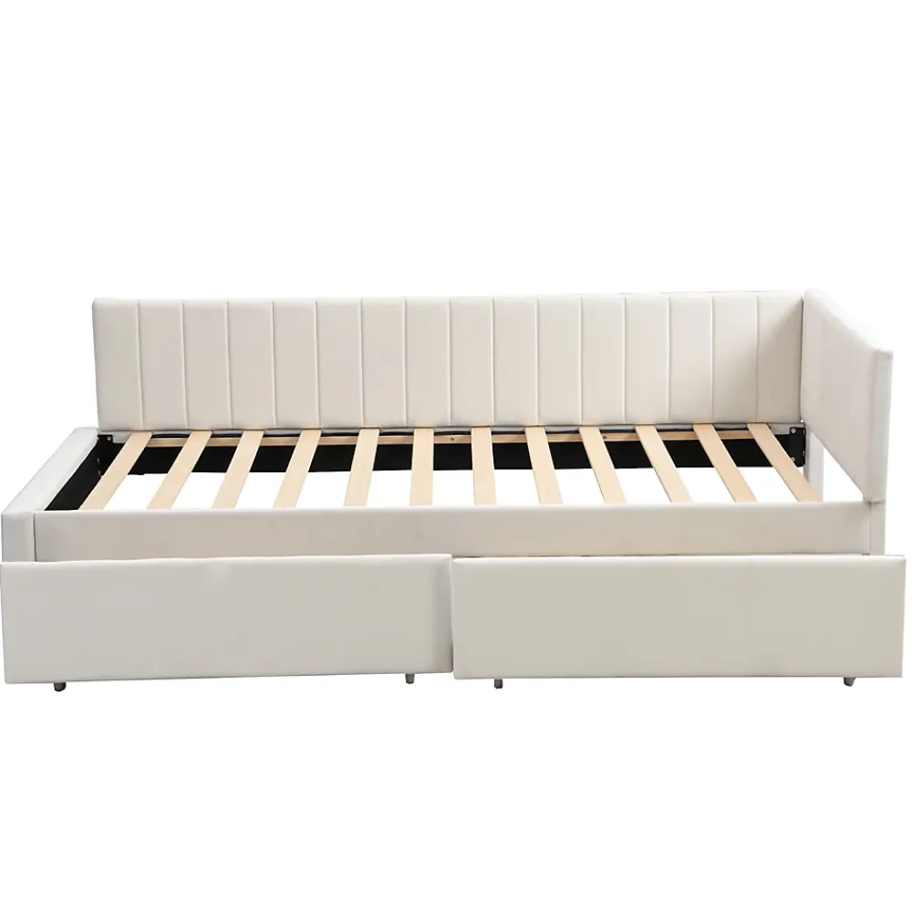 Redom Canapé 90x200 cm avec 2 grands tiroirs revetement velours beige design mid century et structure MDF* Lit Coffre