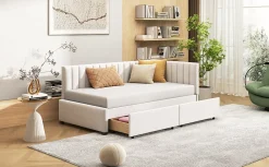 Redom Canapé 90x200 cm avec 2 grands tiroirs revetement velours beige design mid century et structure MDF* Lit Coffre