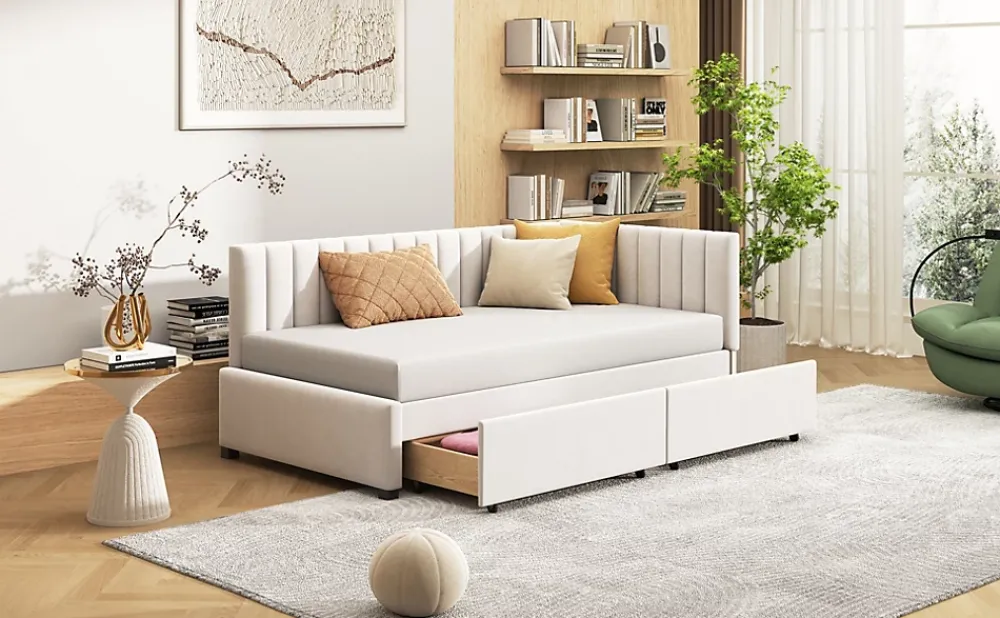Redom Canapé 90x200 cm avec 2 grands tiroirs revetement velours beige design mid century et structure MDF* Lit Coffre