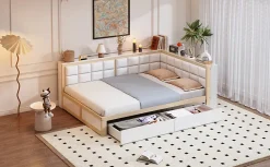 Redom Canape lit bois 140 par 200 cm lit multifonction dossier doux tiroir rangement lit simple junior pin massif couleur bois* Lit Avec Rangement