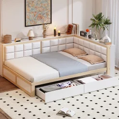 Redom Canape lit bois 140 par 200 cm lit multifonction dossier doux tiroir rangement lit simple junior pin massif couleur bois* Lit Avec Rangement