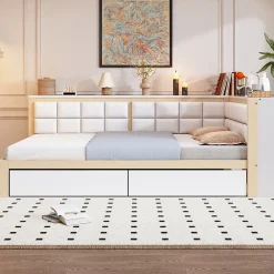Redom Canape lit bois 140 par 200 cm lit multifonction dossier doux tiroir rangement lit simple junior pin massif couleur bois* Lit Avec Rangement