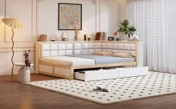 Redom Canape lit bois 140 par 200 cm lit multifonction dossier doux tiroir rangement lit simple junior pin massif couleur bois* Lit Avec Rangement