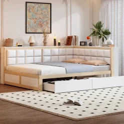 Redom Canape lit bois 140 par 200 cm lit multifonction dossier doux tiroir rangement lit simple junior pin massif couleur bois* Lit Avec Rangement