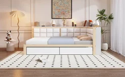 Redom Canape lit bois 140 par 200 cm lit multifonction dossier doux tiroir rangement lit simple junior pin massif couleur bois* Lit Avec Rangement