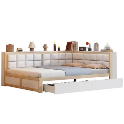 Redom Canape lit bois 140 par 200 cm lit multifonction dossier doux tiroir rangement lit simple junior pin massif couleur bois* Lit Avec Rangement