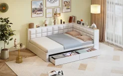 Redom Canape lit bois 140 x 200 cm lit multifonction dossier doux grand tiroir rangement lit simple junior pin massif blanc* Lit Avec Rangement