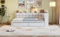 Redom Canape lit bois 140 x 200 cm lit multifonction dossier doux grand tiroir rangement lit simple junior pin massif blanc* Lit Avec Rangement